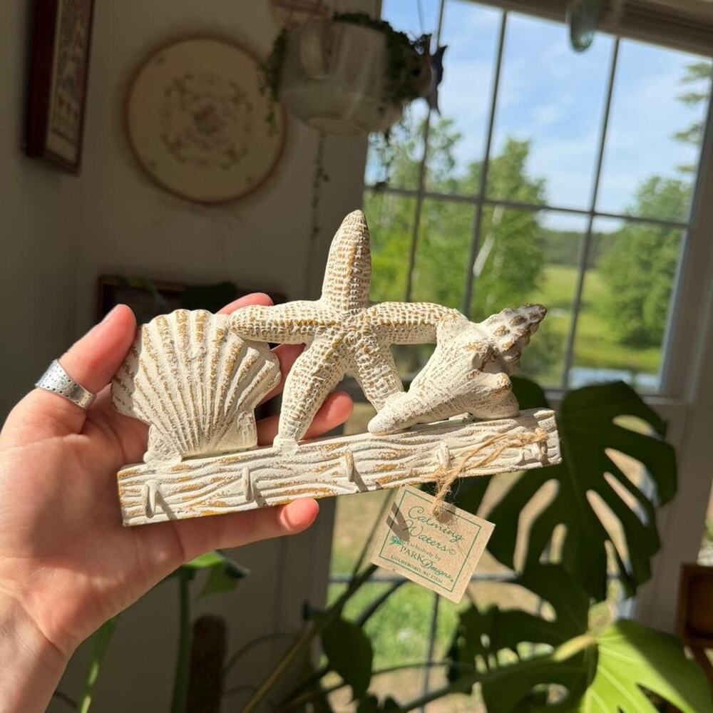 White Seashell and Starfish Coastal Cast Iron Key Hook Wall Decor